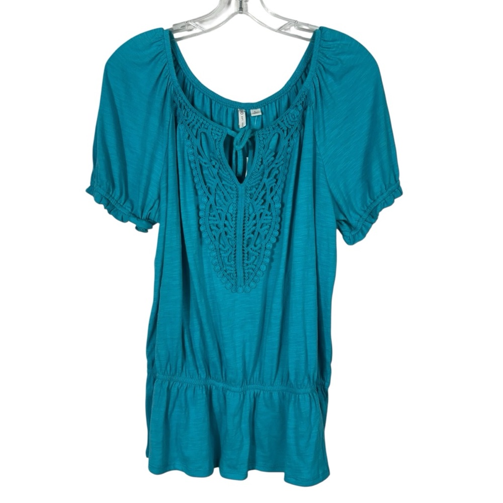 Cato Teal Blue Crochet Lace Open Puff Sleeve Banded Bottom Blouse NWT Large L